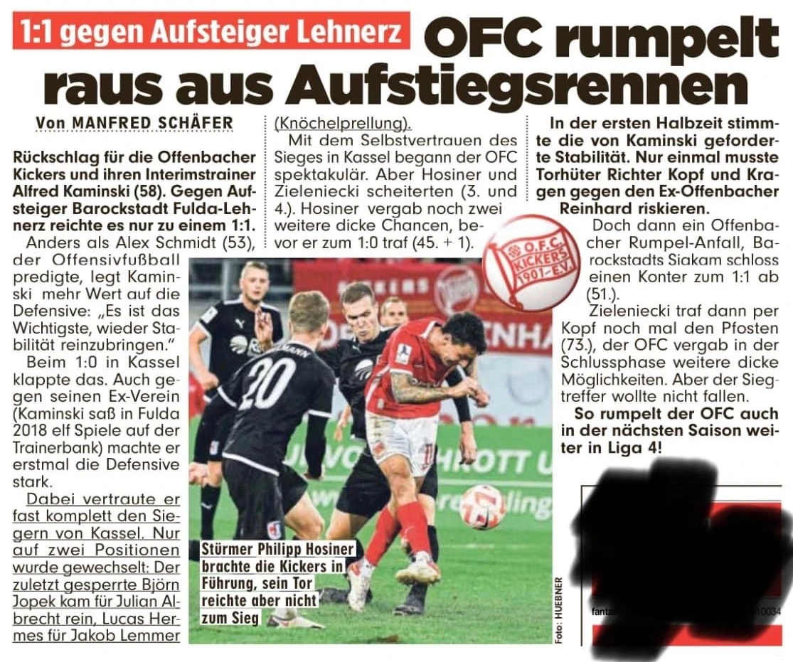 Vollständiger BILD-Ausschnitt über das 1:1 gegen Fulda-Lehnerz.